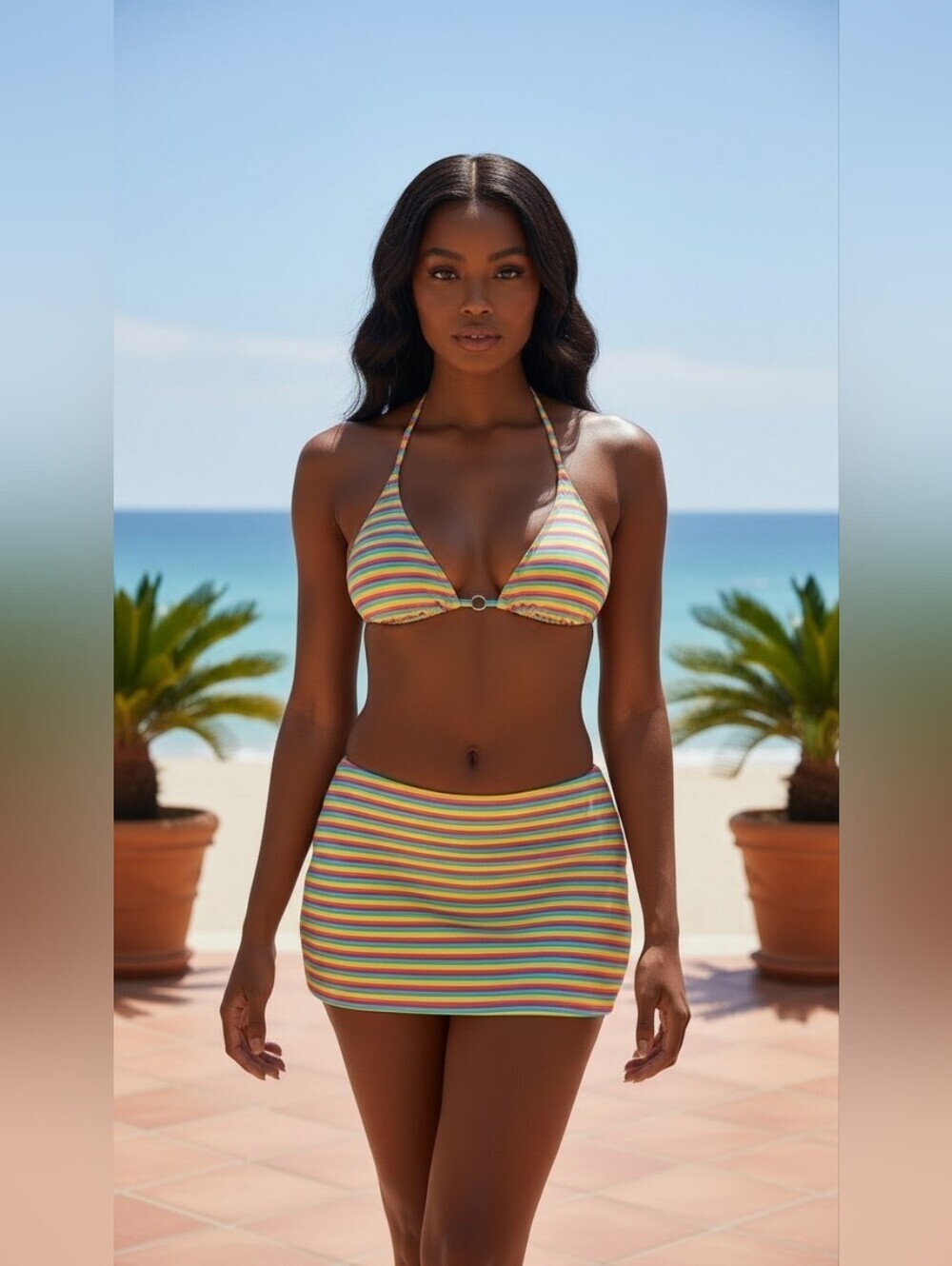 "Nova Swim 3-Piece Rainbow Stripe Bikini Set Skirt Halter Top Bottom Medium Y2K"
